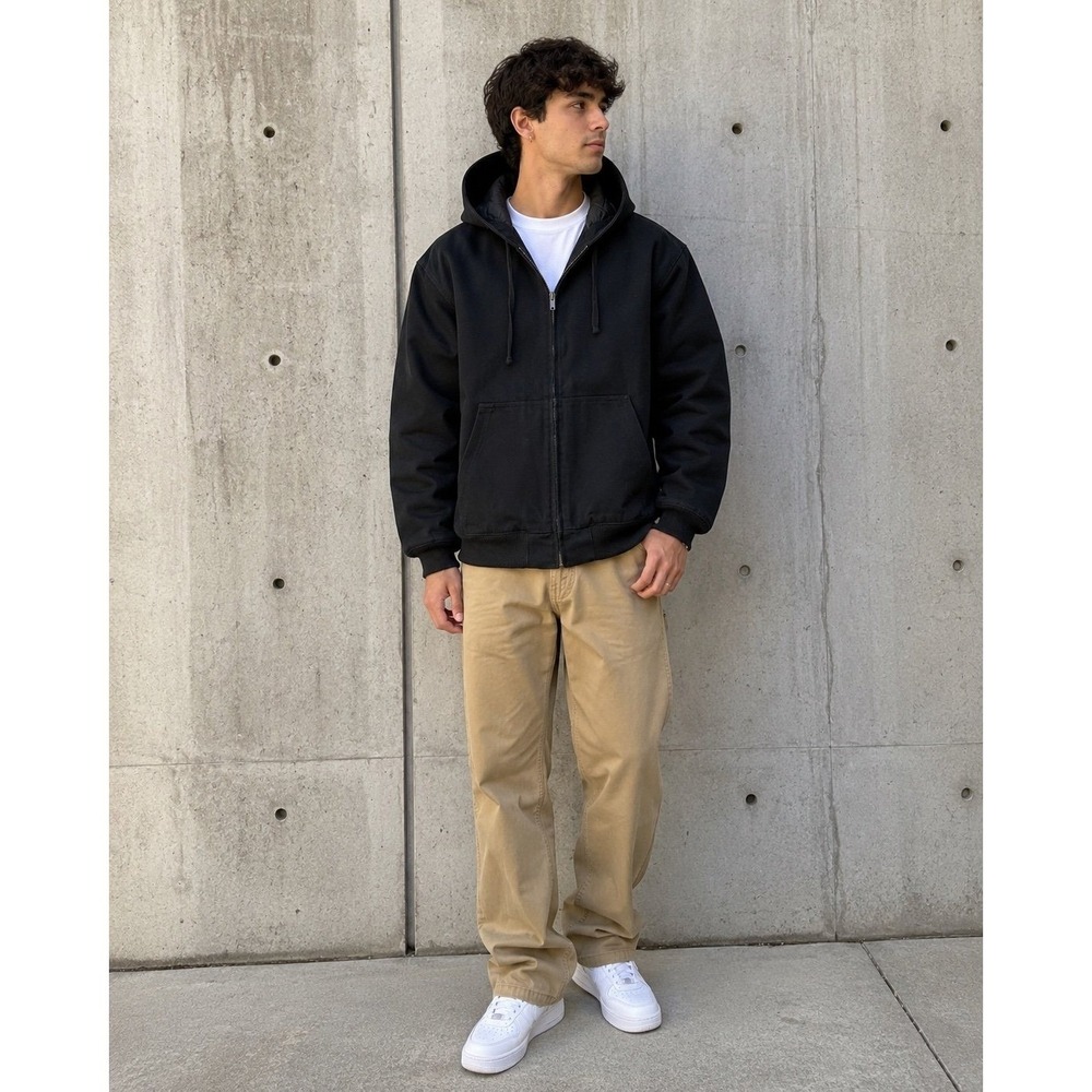 RSQ Oversized Hooded Work Jacket Black Quilted Lined Full Zip Cotton Small